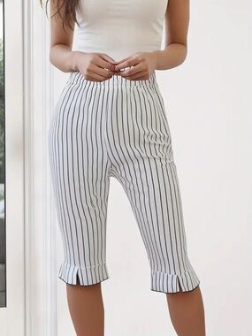 White Capri Pants with Black Vertical Stripes and Ruffle Cuffs